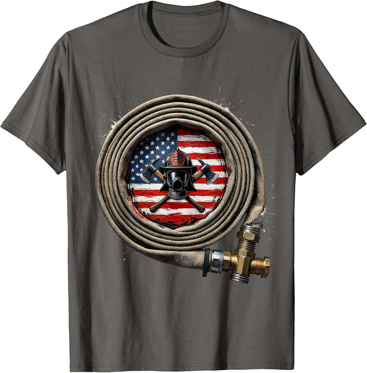 Firefighter Coiled Fire Hose Graphic Tee T-Shirt - Asphalt Grey