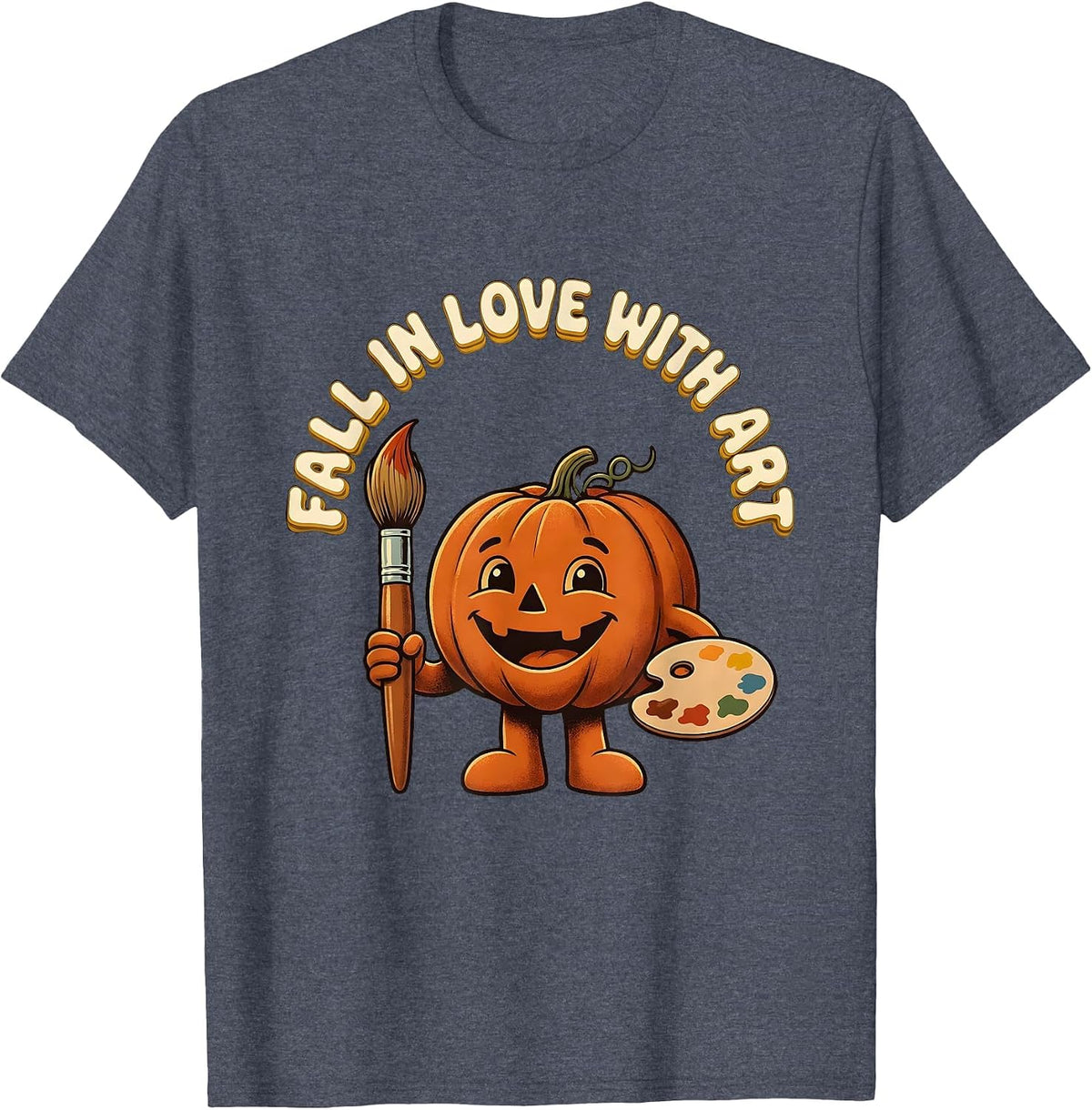 Fall In Love With Art Retro Teacher Halloween Pumpkin T-Shirt - Heather Blue