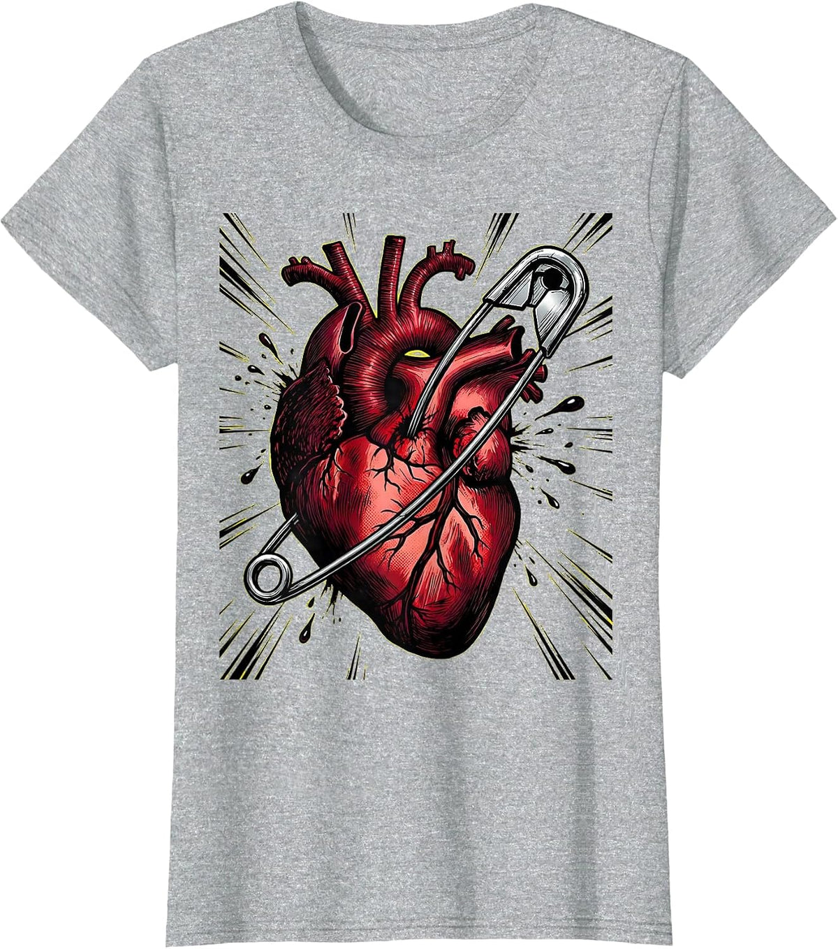 Punk Rock Safety Pin Heart Graphic Tee T-Shirt - Heather Grey