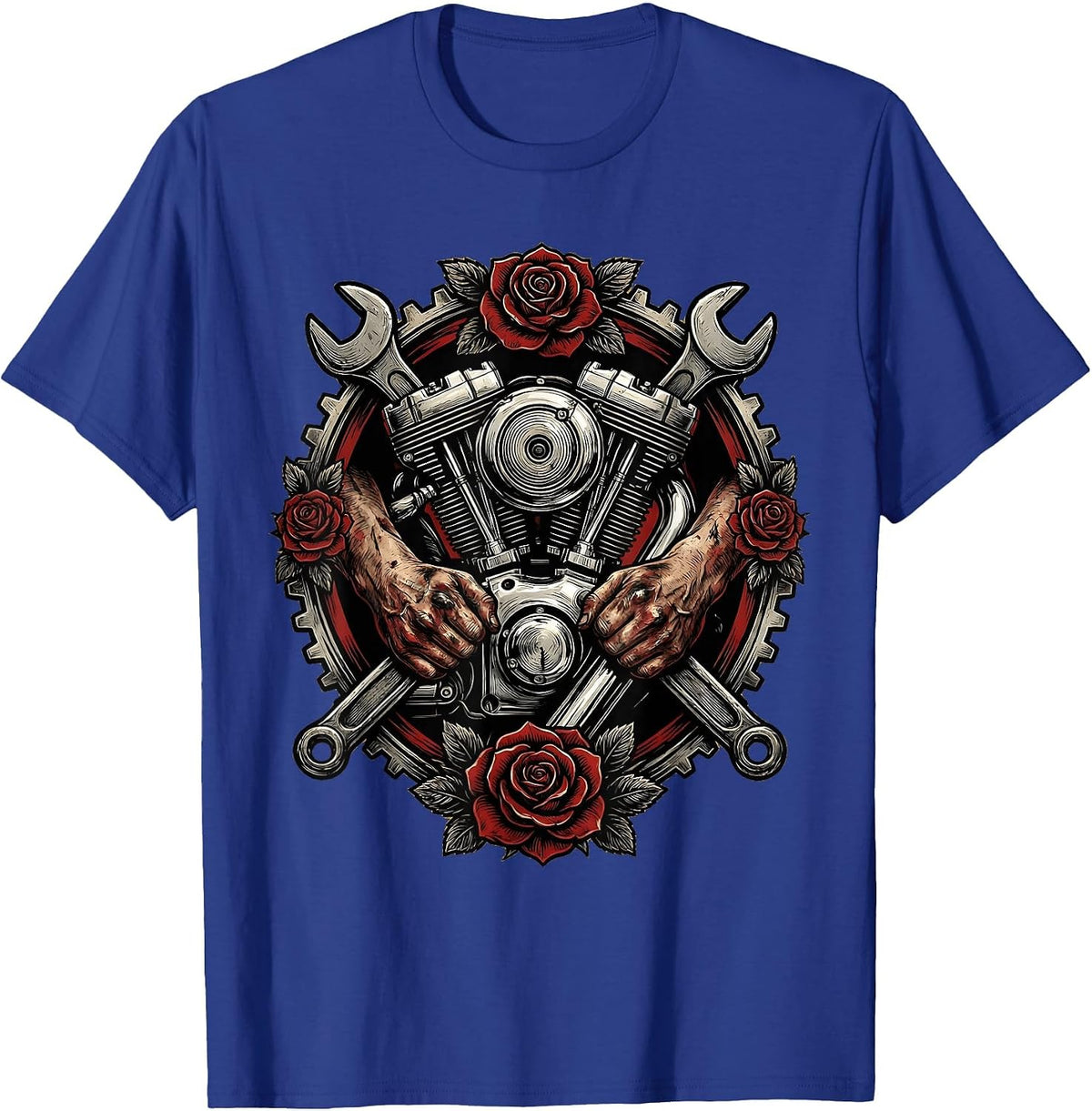 Mechanic Hands Classic Engine Rebuild Graphic T-Shirt - Royal Blue