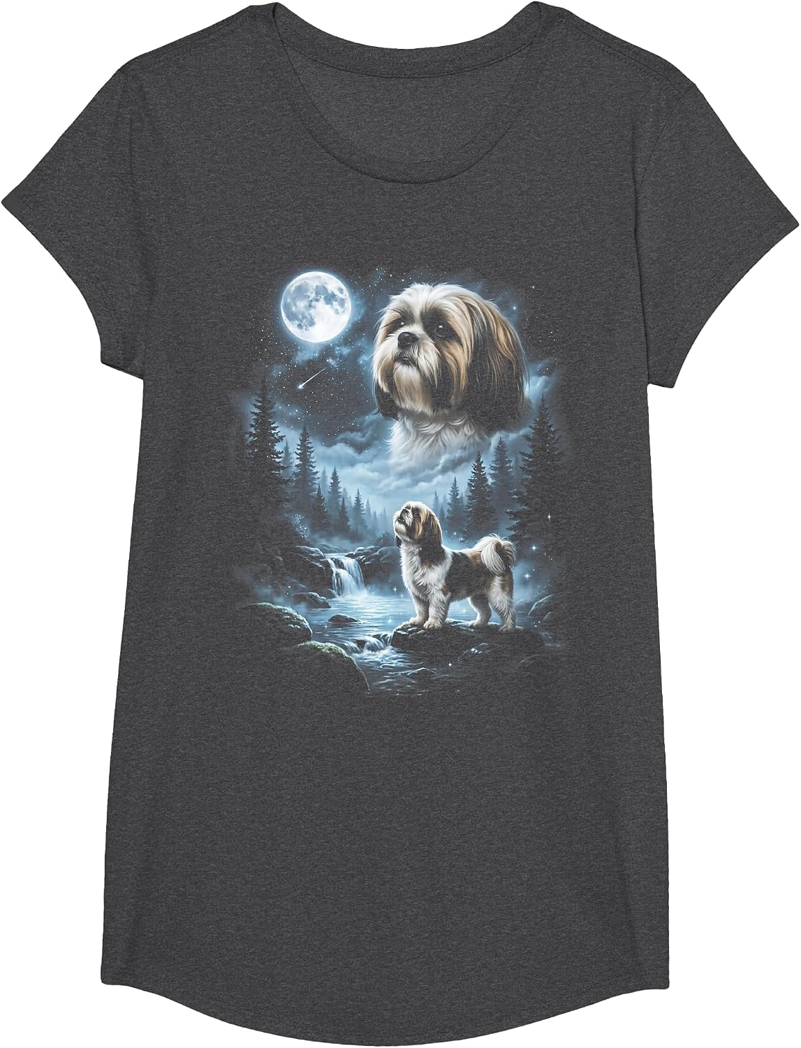 Shih Tzu Howling to the Moon Retro 90's Dog T-Shirt - Girls Dark Heather Grey