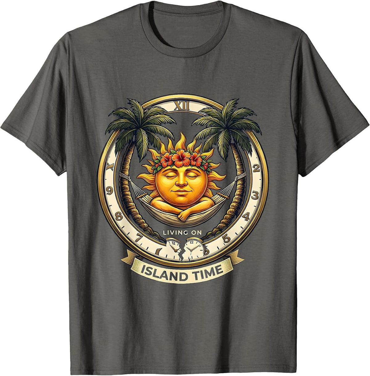 Living On Island Time Funny Hawaiian Design T-Shirt - Asphalt Grey