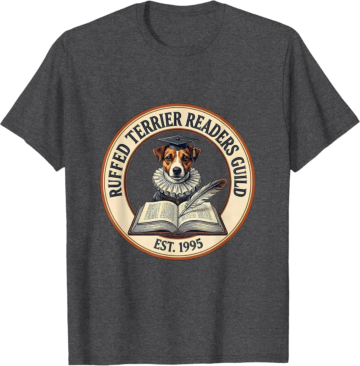 Ruffed Terrier Readers Guild Est 1995 Vintage Book Lover Dog T-Shirt - Dark Heather Grey