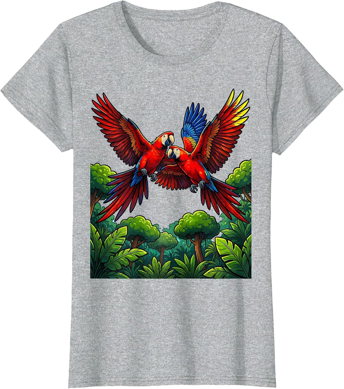 Women's Ecuador Macaw Pair Flying Over Jungle Canopy T-Shirt - Heather Grey