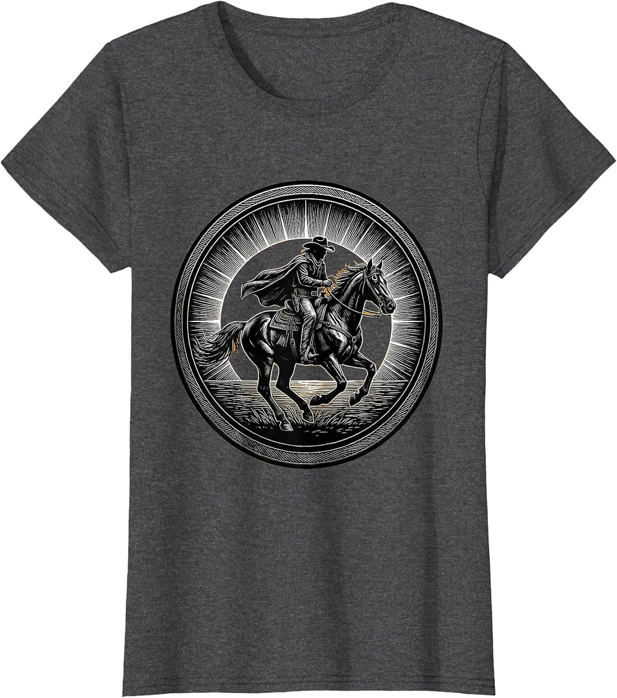 Women's Cowboy Riding Horse at Sunset Silhouette T-Shirt - Dark Heather Grey