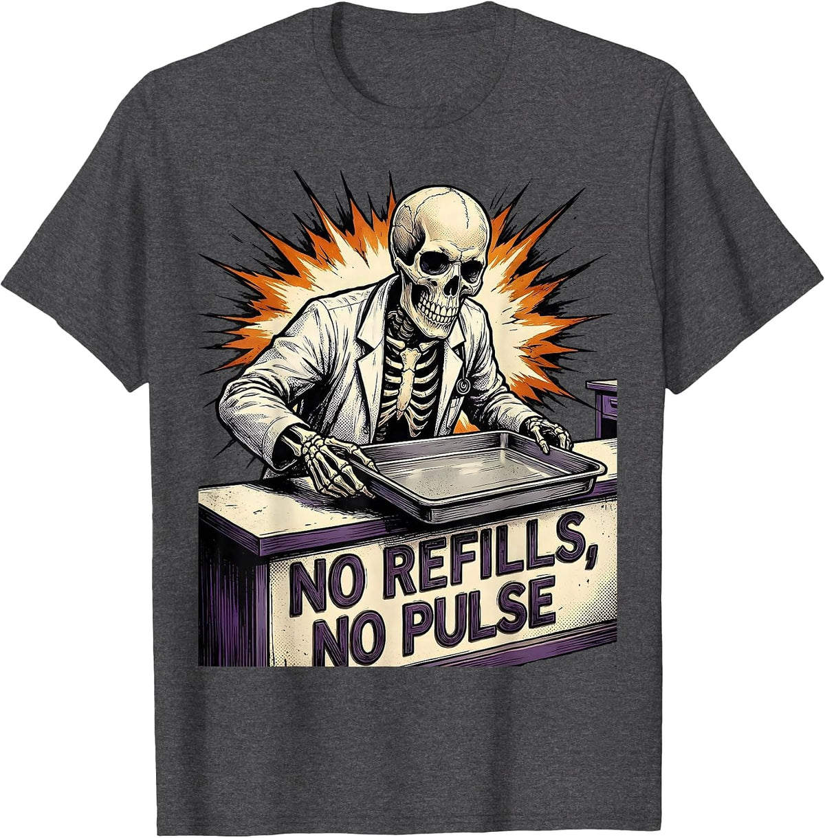 No Refills, No Pulse Comic Book Halloween Pharmacy T-Shirt - Dark Heather Grey