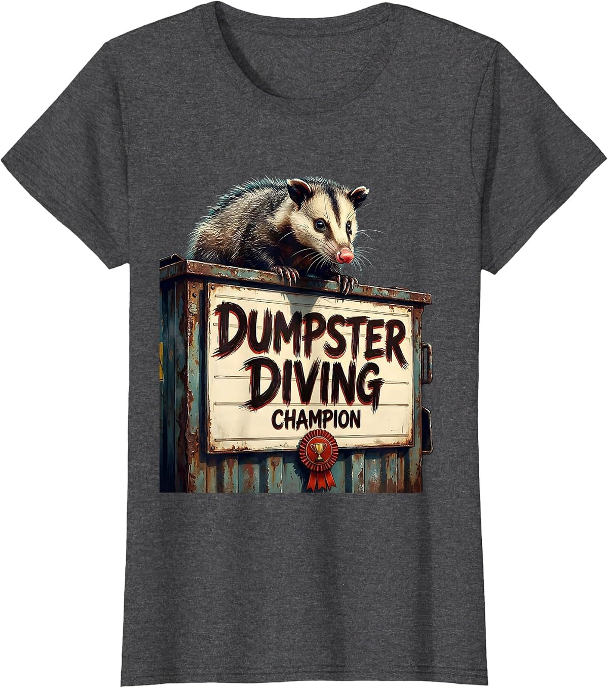 Women's Dumpster Diving Champion Opossum Design T-Shirt - Dark Heather Grey
