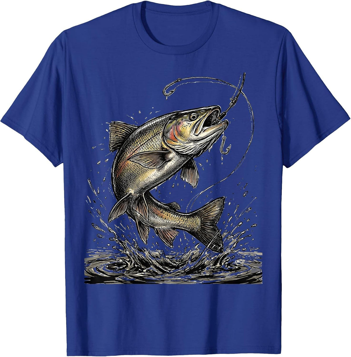 Hooked Trout Mid-Air Over River Fishing Design T-Shirt - Royal Blue