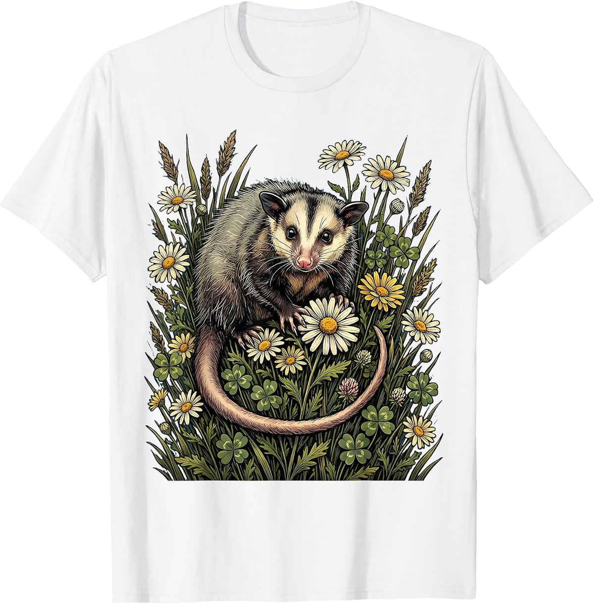 Men's Opossum in Wildflower Field Illustration T-Shirt - White