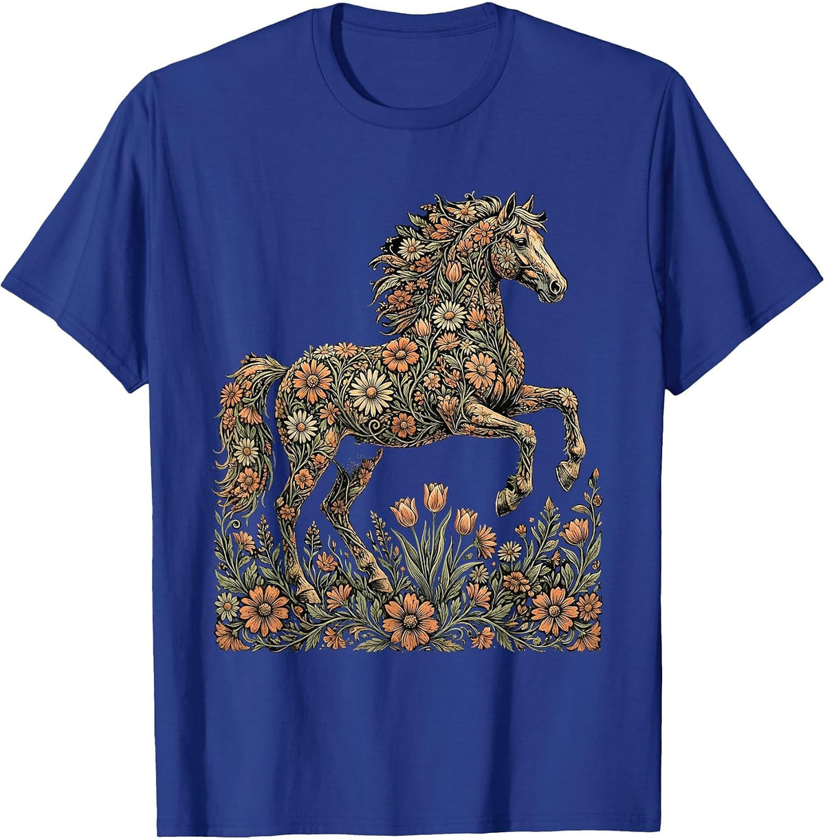 Men's Wildflower Horse Floral Botanical Art Design T-Shirt - Royal Blue