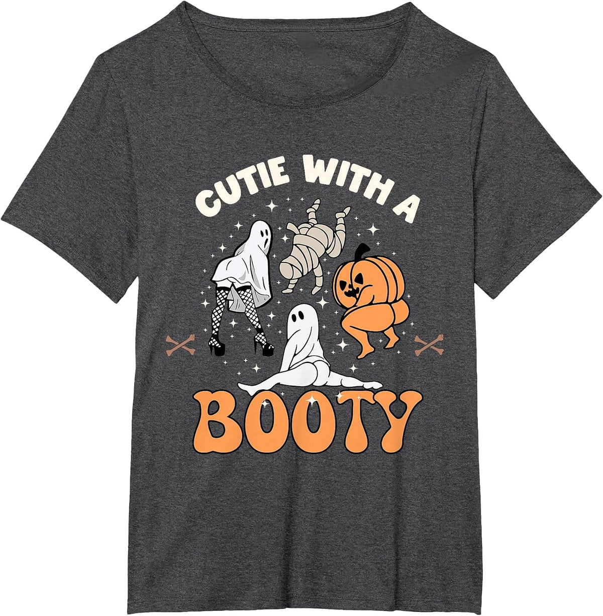 Cutie with A Booty Halloween Joke Twerking Ghost Splits Heel T-Shirt - Dark Heather Grey