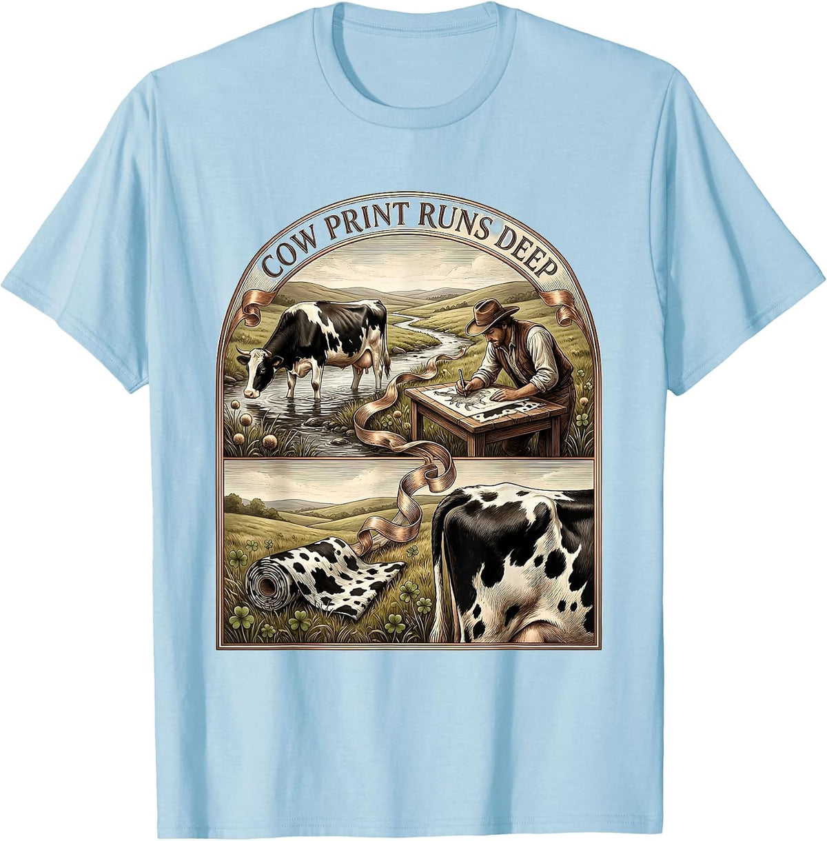 Men's Cow Print Runs Deep Cattle Lover Design T-Shirt - Baby Blue