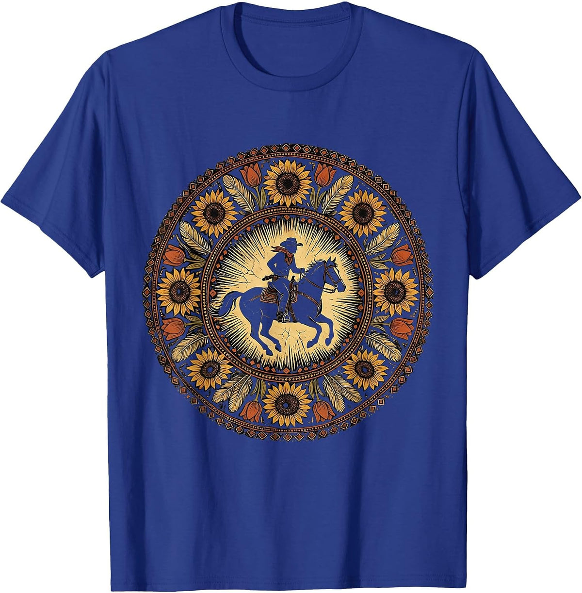 Cowgirl Silhouette Riding Horse at Dusk T-Shirt - Royal Blue