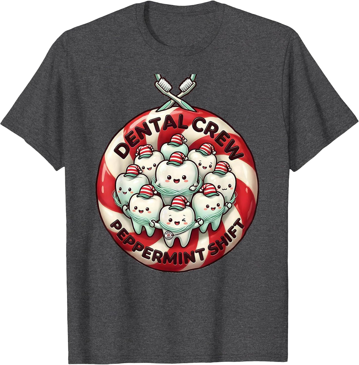 Dental Crew Peppermint Shift Cute Kawaii Dental Team Holiday T-Shirt - Dark Heather Grey