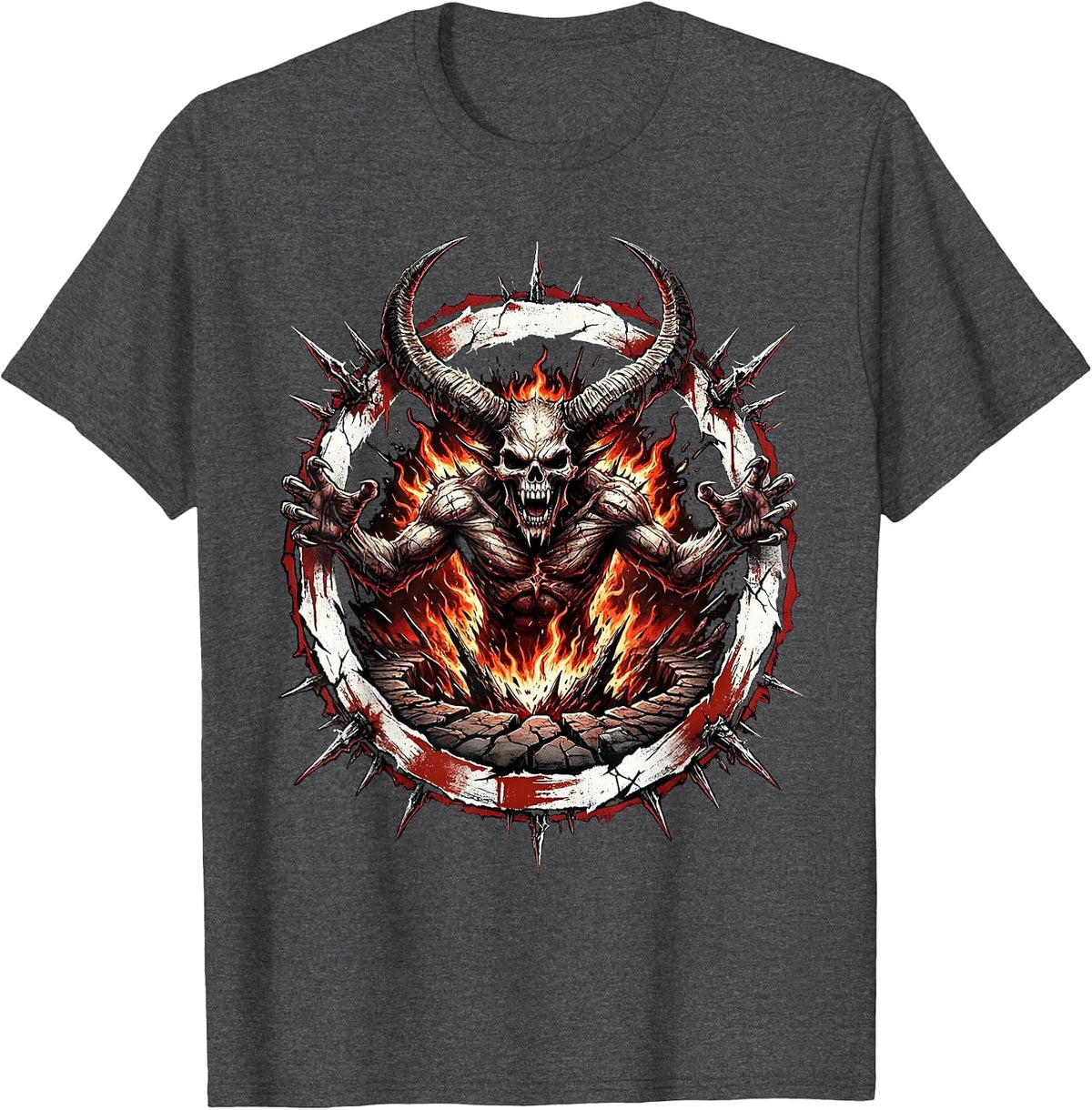 Horned Demon Rising From Fire Pit Halloween T-Shirt - Dark Heather Grey
