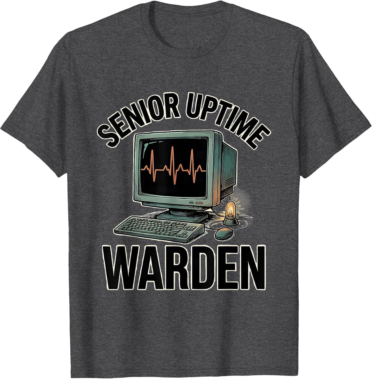 Men's Senior Uptime Warden Funny IT Tech Support Workplace Humor T-Shirt - Dark Heather Grey