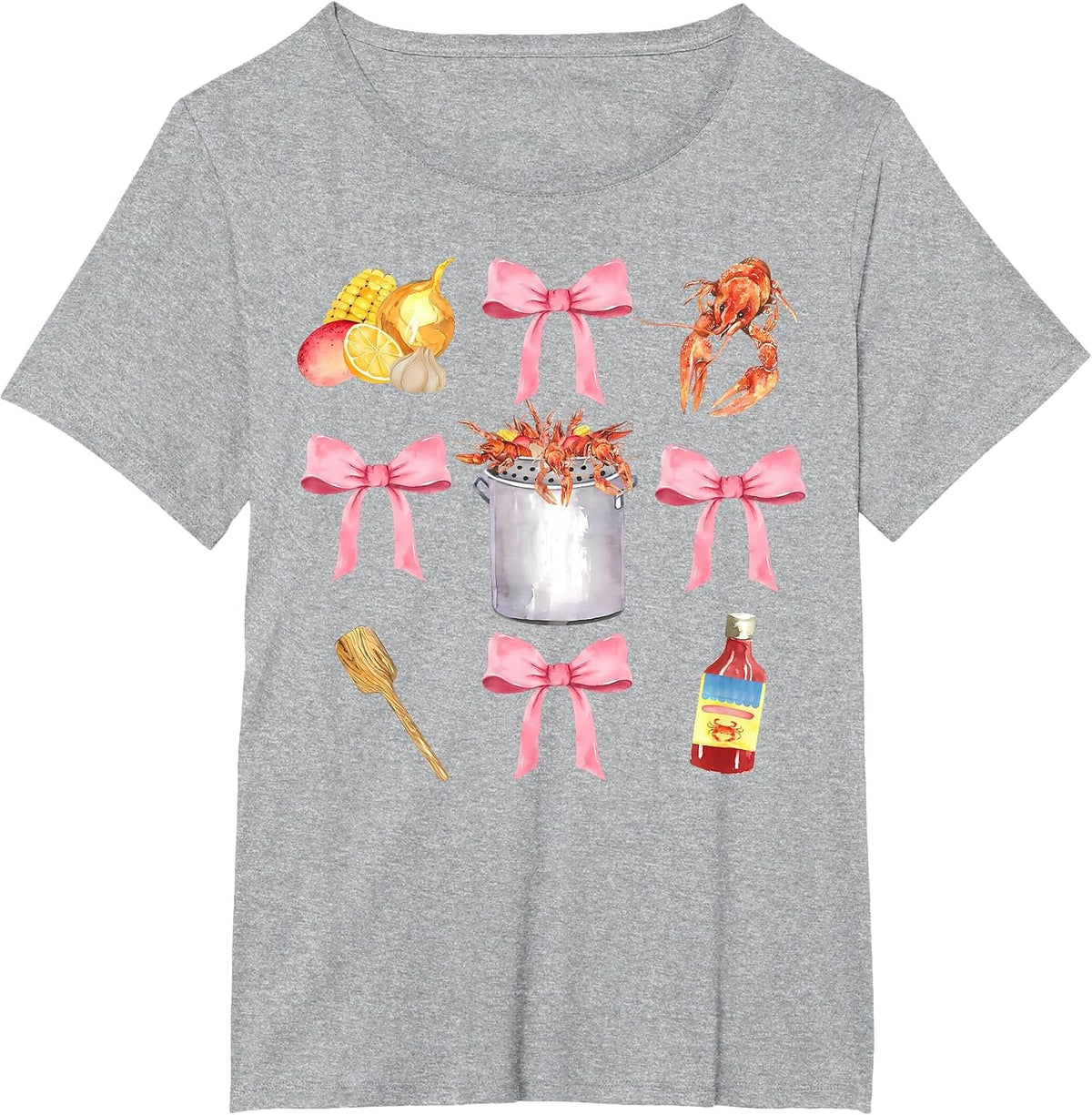 Pink Bow Cute Coquette Crawfish Clean Girl Aesthetic T-Shirt - Heather Grey
