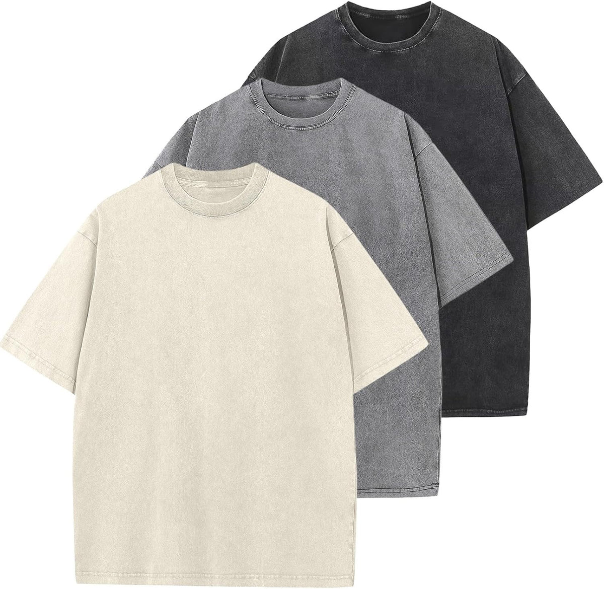 Men's Cotton T-Shirts Oversized Unisex Short Sleeves Casual Loose Wash Solid Basic Tee Tops - Beige+black+grey