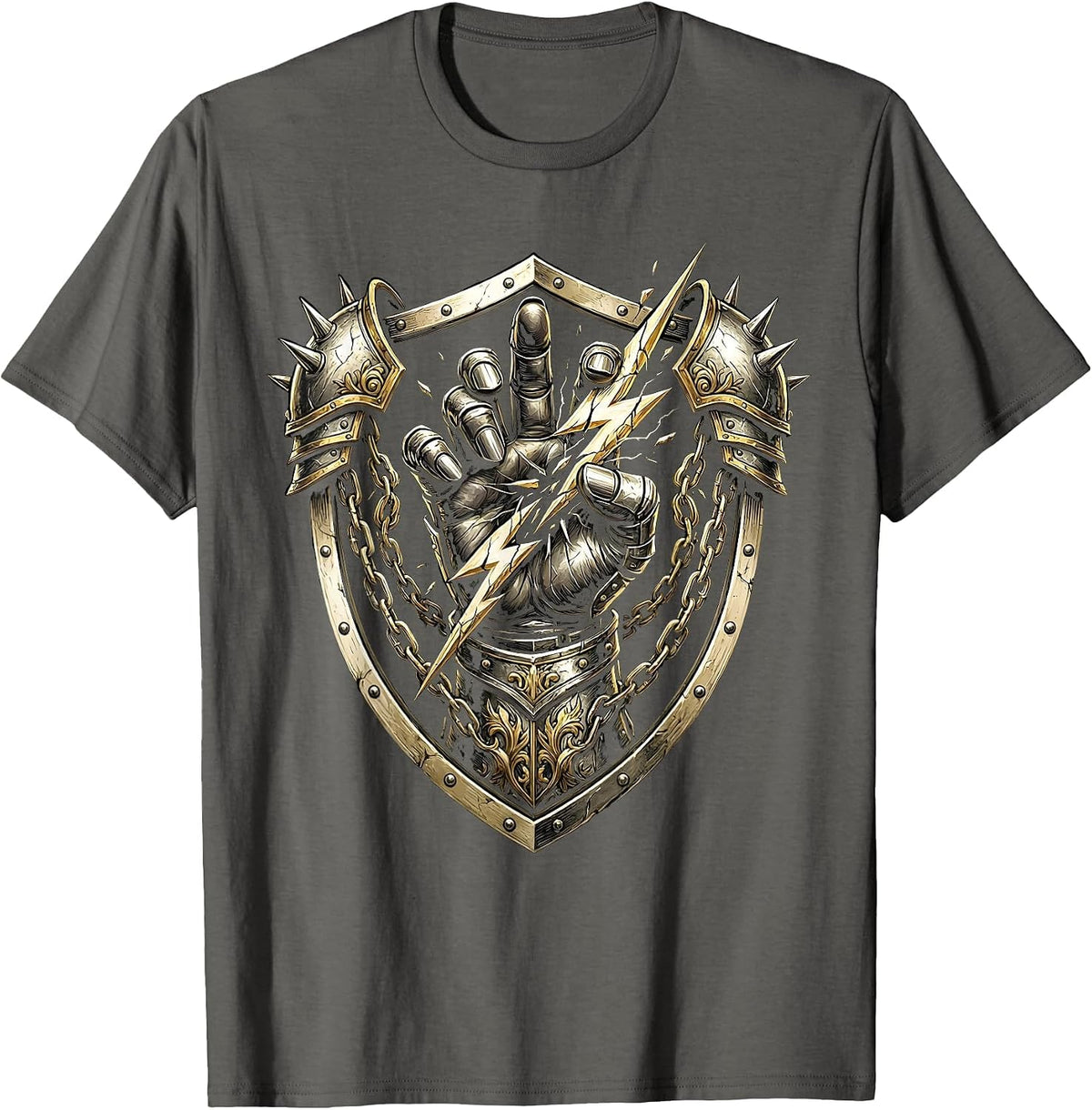 Men's Gauntlet Power Metal Fist Crushing Lightning Bolt T-Shirt - Asphalt Grey