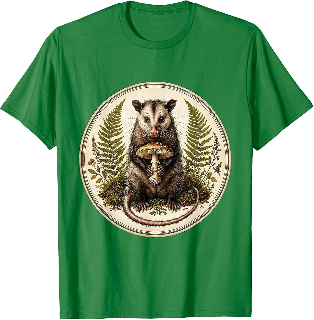 Men's Opossum Holding Mushroom Moonlit Forest Art T-Shirt - Kelly Green
