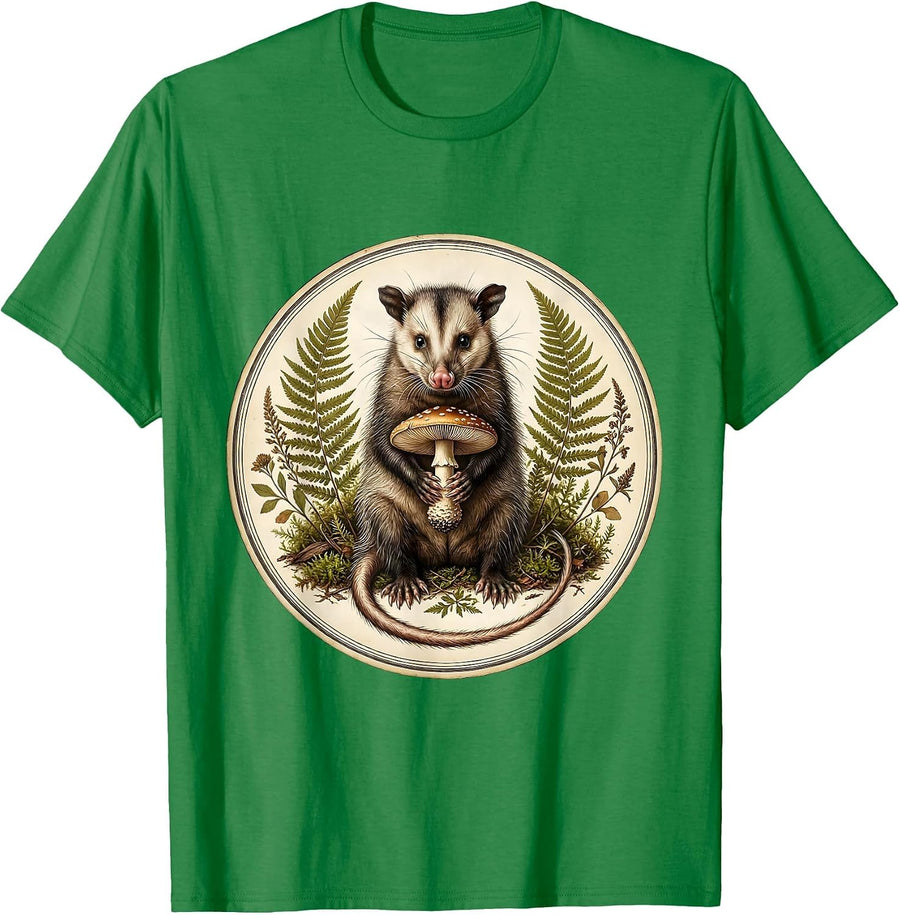 Men's Opossum Holding Mushroom Moonlit Forest Art T-Shirt - Kelly Green