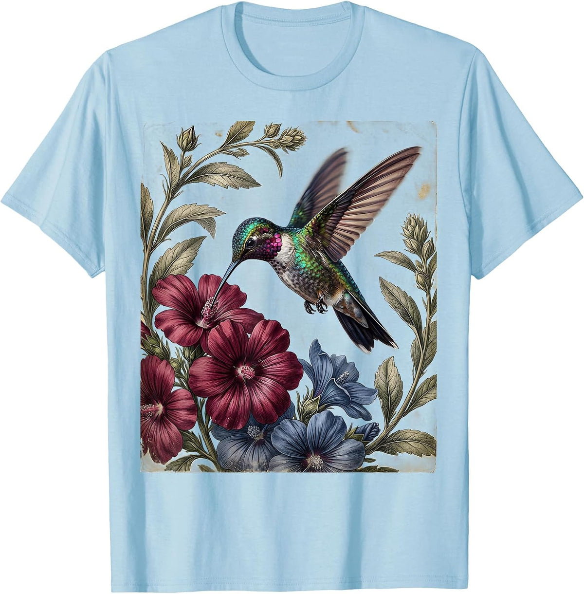 Men's Hummingbird Red White and Blue Floral Design T-Shirt - Baby Blue