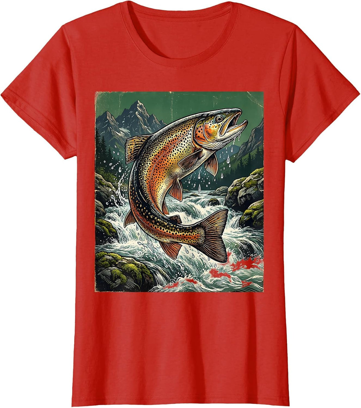 Trout Leaping Mountain Stream Fishing Illustration T-Shirt - Red