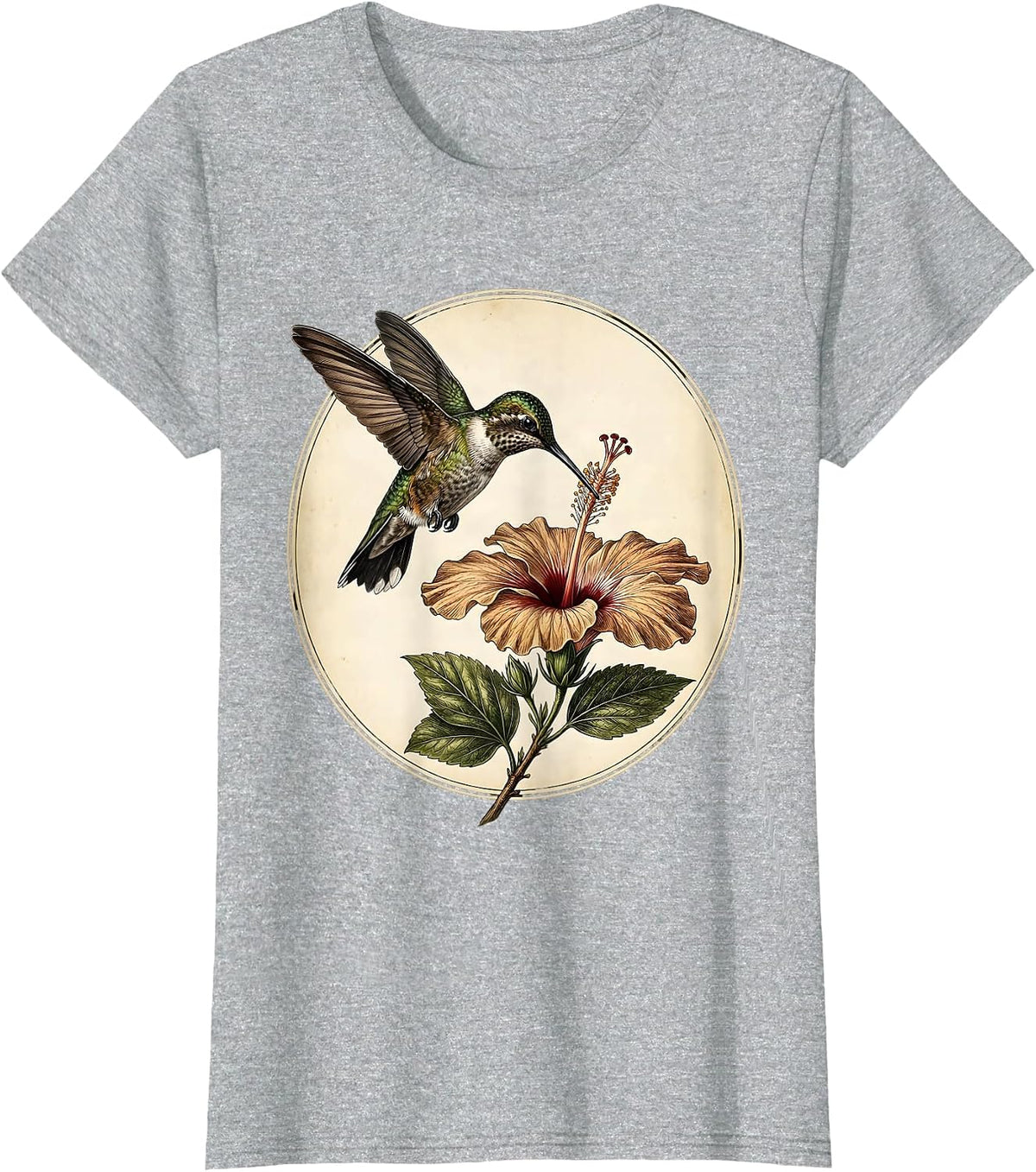 Women's Hummingbird and Hibiscus Flower Graphic T-Shirt - Heather Grey