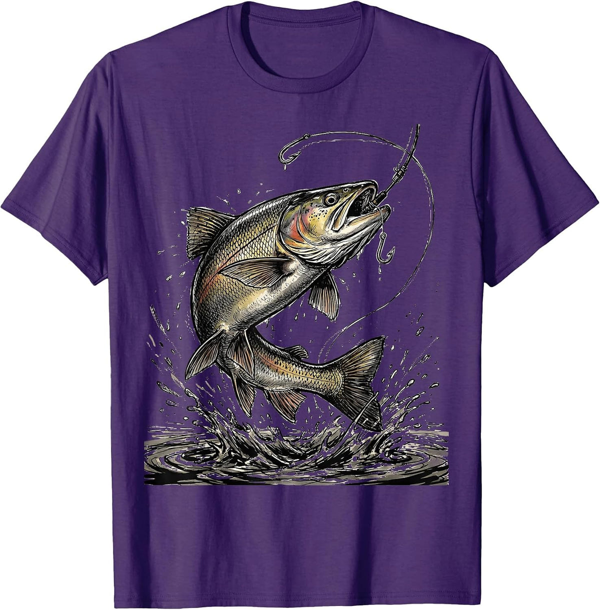 Hooked Trout Mid-Air Over River Fishing Design T-Shirt - Purple