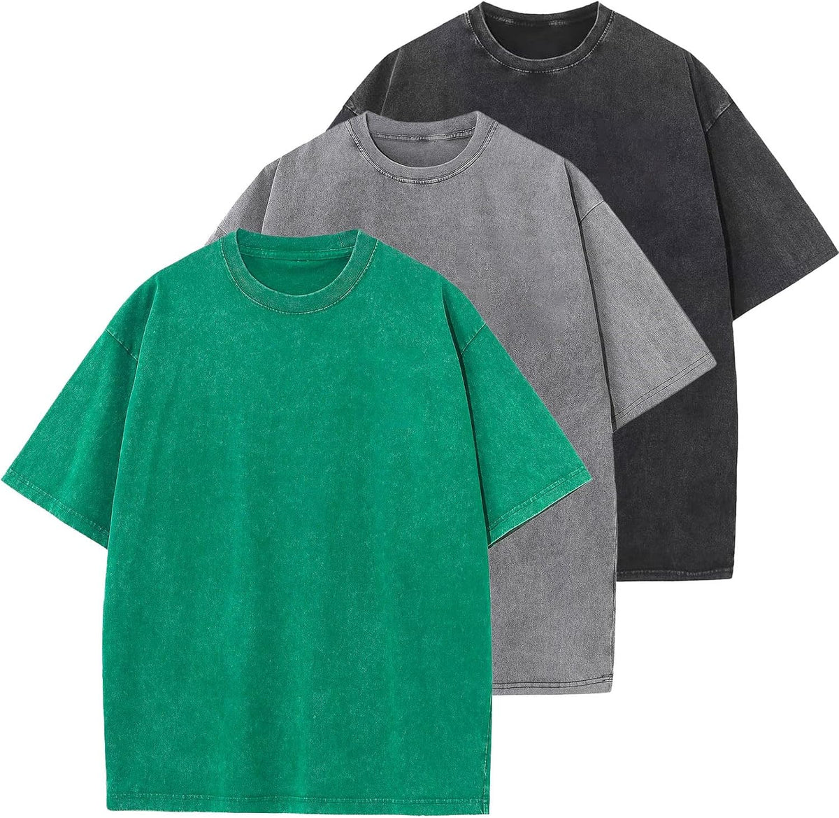 Men's Cotton T-Shirts Oversized Unisex Short Sleeves Casual Loose Wash Solid Basic Tee Tops - A-green+grey+black