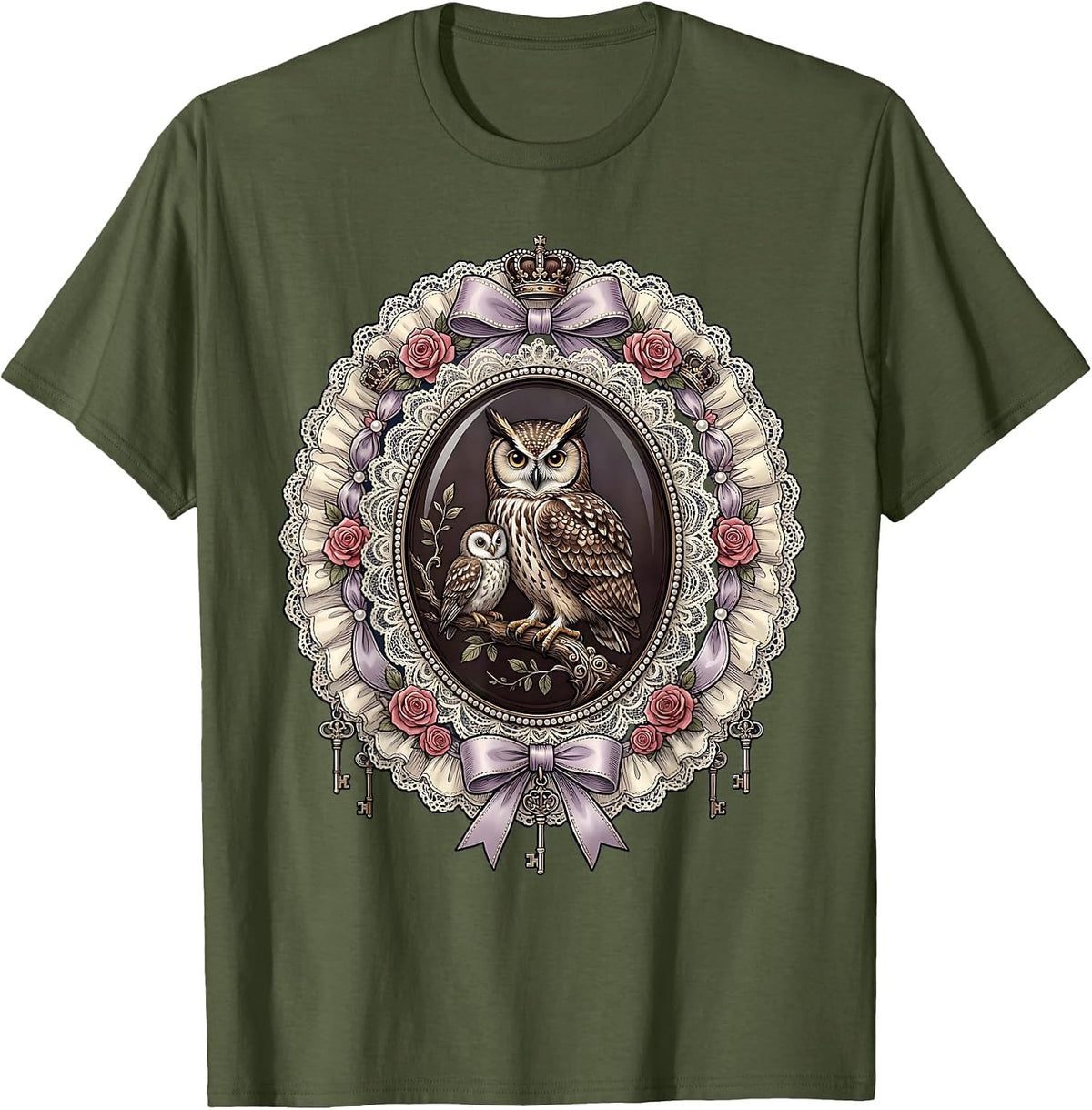 Big Little Owl and Owlet Graphic Design T-Shirt - Olive Green