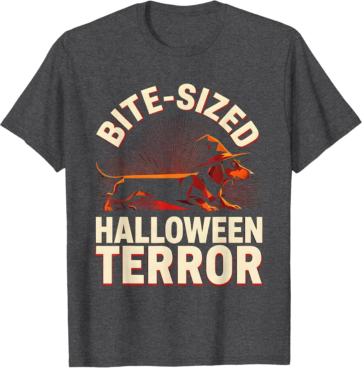 Dachshund Bite-Sized Halloween Terror Design T-Shirt - Dark Heather Grey
