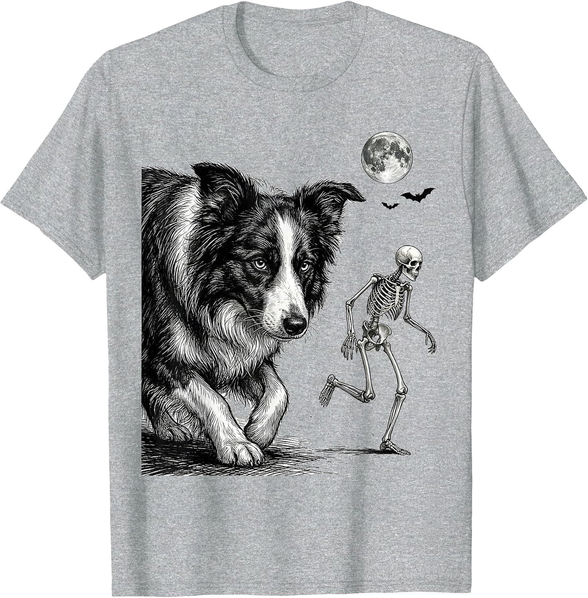 Men's Border Collie Skeleton Chase Funny Dog Mom Halloween T-Shirt - Heather Grey