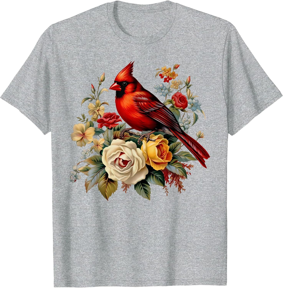 Red Cardinal Bird Roses Floral Nature Bird Watching T-Shirt - Heather Grey