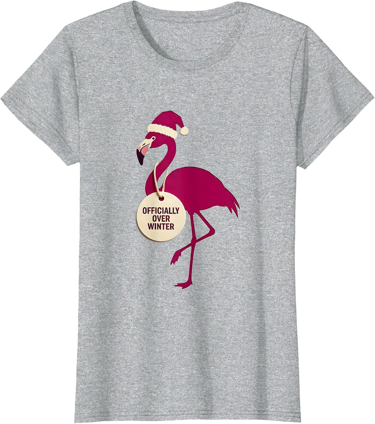 Officially Over Winter Funny Pink Flamingo Santa Hat T-Shirt - Heather Grey