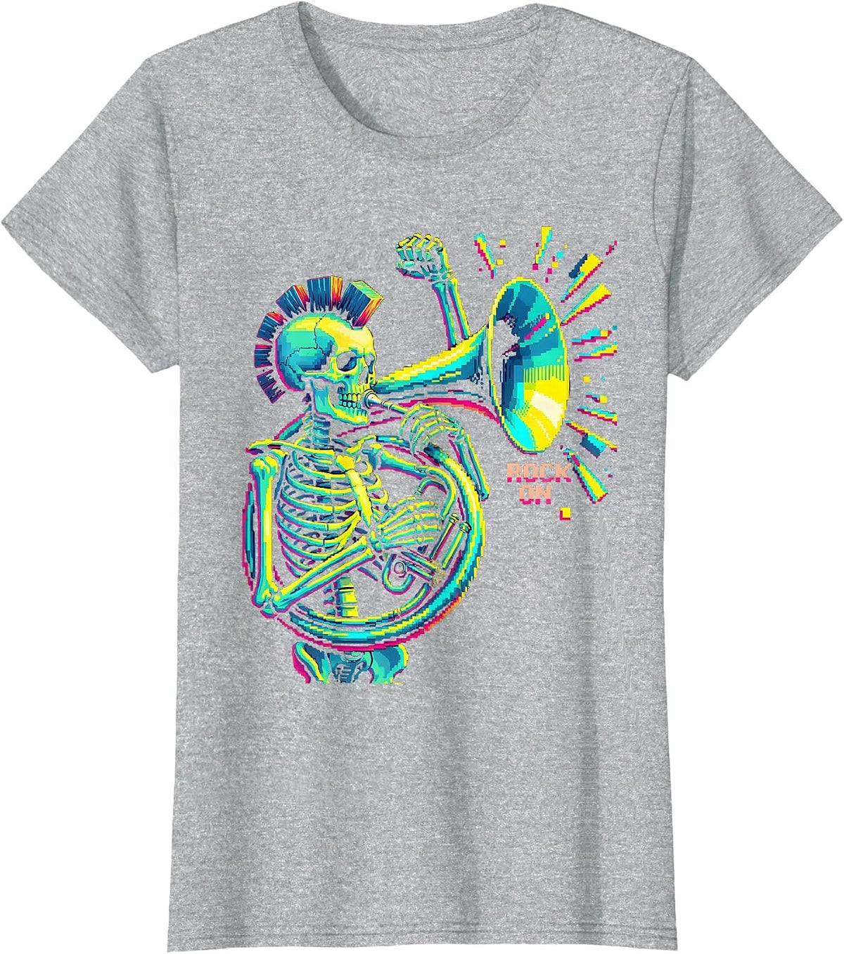 Rock On Punk Skeleton Skull Halloween Music Humor T-Shirt - Heather Grey