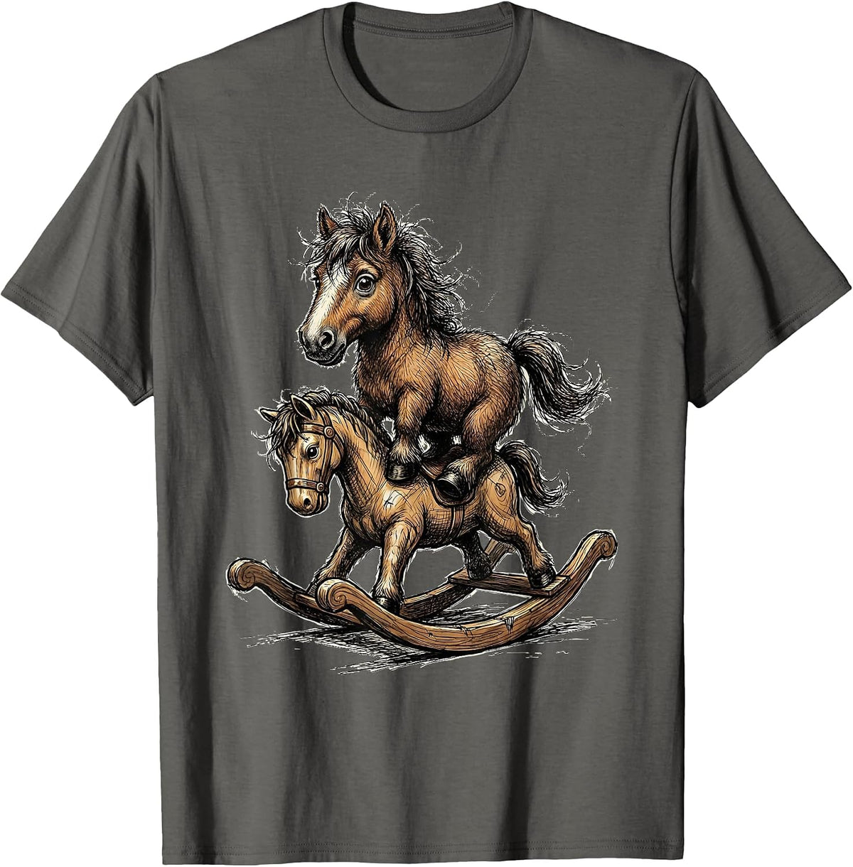 Tiny Horse on a Tiny Rocking Horse Funny Graphic T-Shirt - Asphalt Grey
