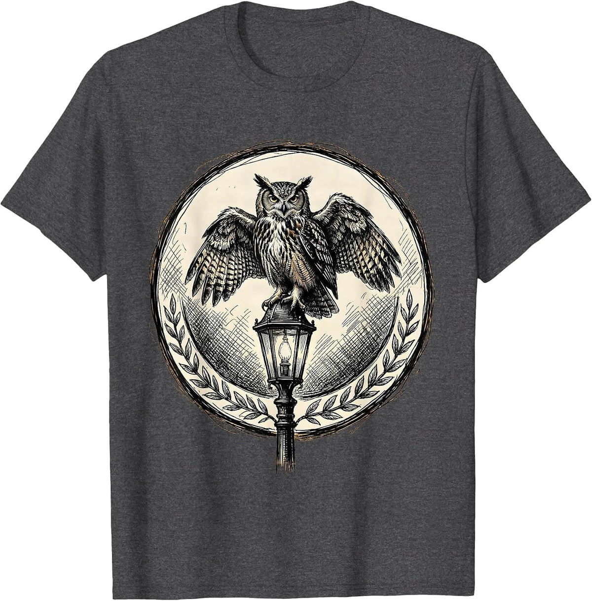 Owl on Library Lamp Post College Campus Art T-Shirt - Dark Heather Grey