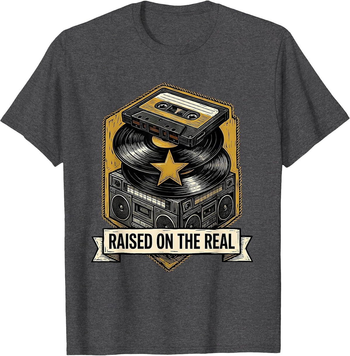 Raised On The Real Retro Golden Era 90s Hip-Hop Rap Music T-Shirt - Dark Heather Grey