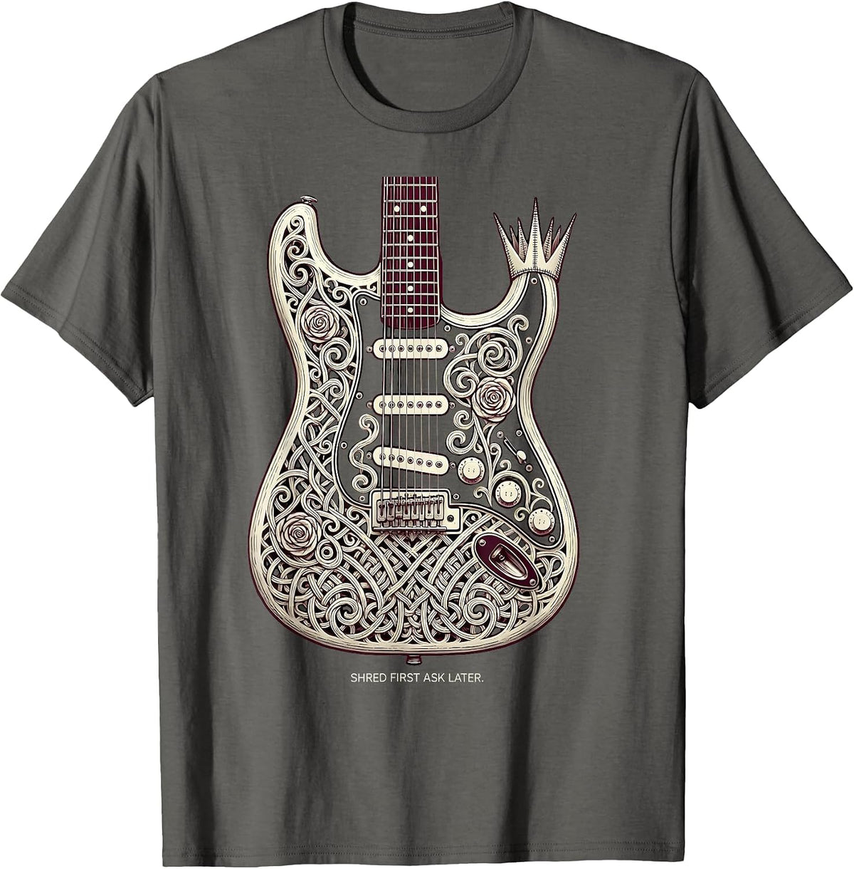 Men's Shred First Ask Later Heavy Metal Guitar Design T-Shirt - Asphalt Grey