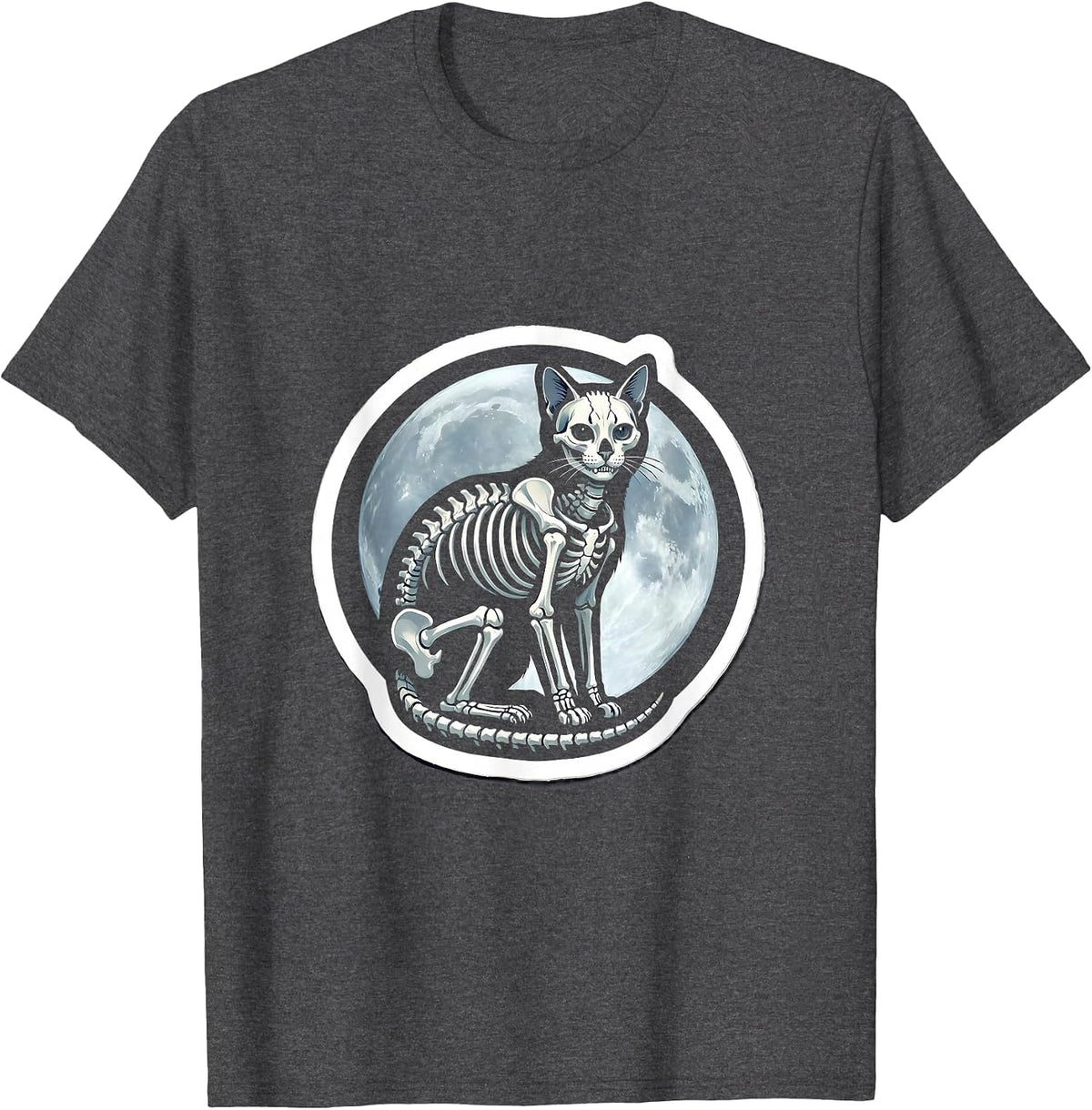 Cat Skeleton Glowing Under Moonlight Illustration T-Shirt - Dark Heather Grey