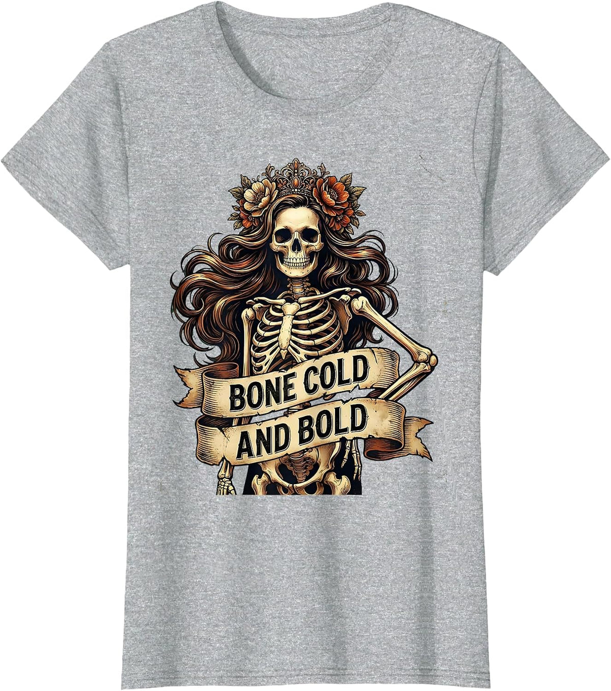 Women's Bone Cold and Bold Skeleton Graphic Design T-Shirt - Heather Grey