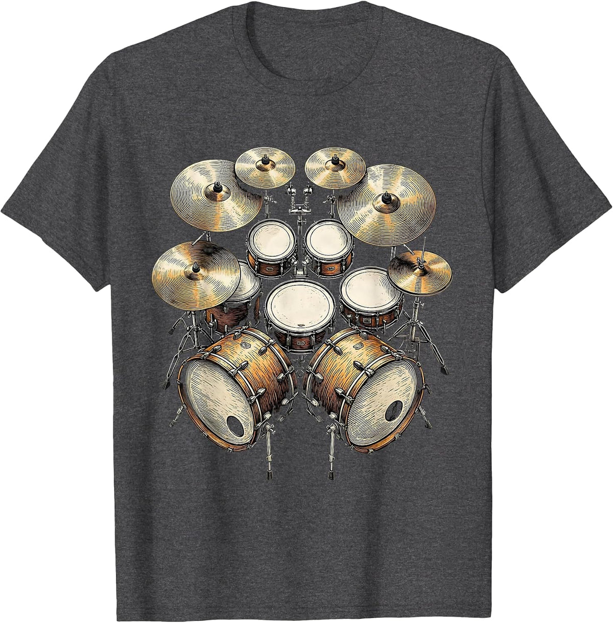 Double Kick Drum Kit Aerial View Rockstar Design T-Shirt - Dark Heather Grey