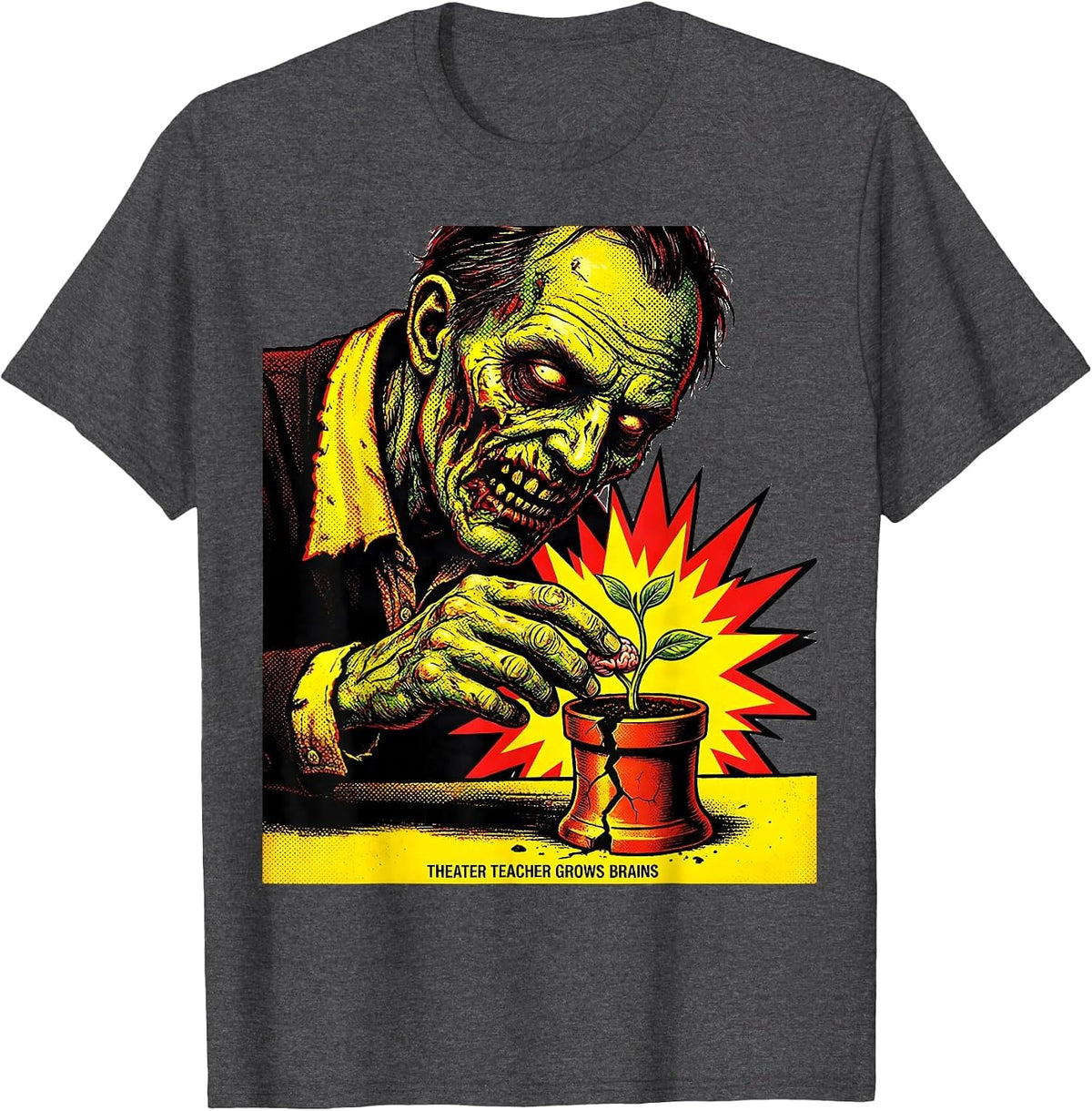 Theater Teacher Grows Brains Pop Art Zombie Halloween T-Shirt - Dark Heather Grey