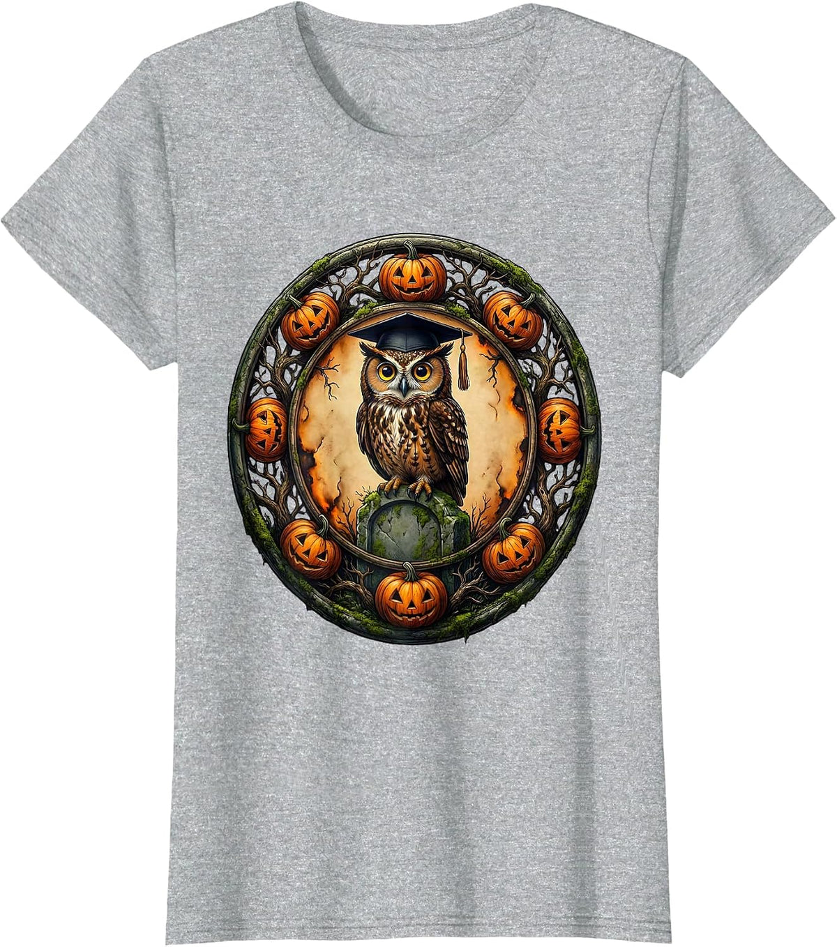 Halloween Teacher Owl Graduation Cap Gravestone T-Shirt - Heather Grey