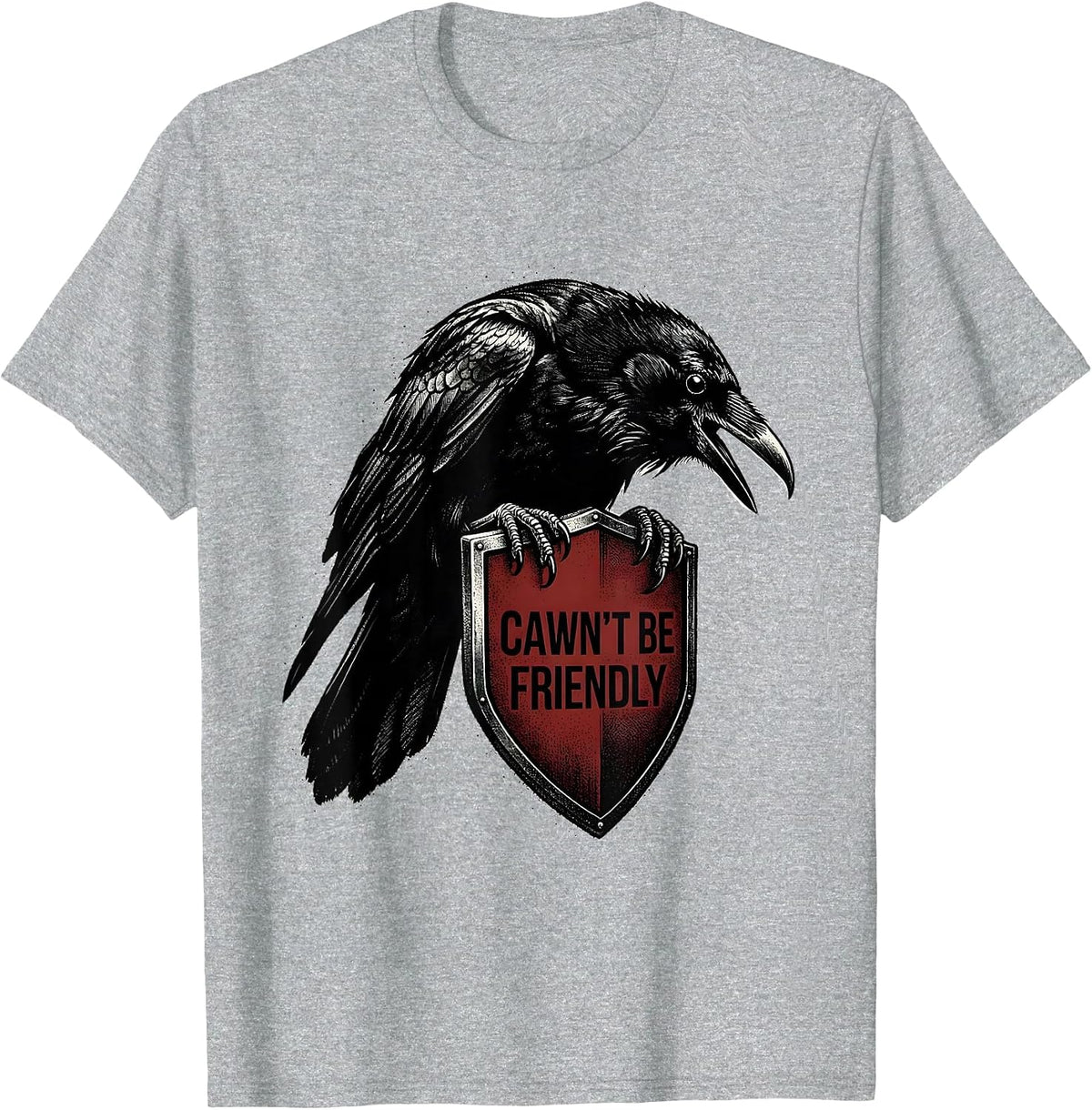 Men's Cawn't Be Friendly Blackwork Dotwork Crow Gothic Humor T-Shirt - Heather Grey