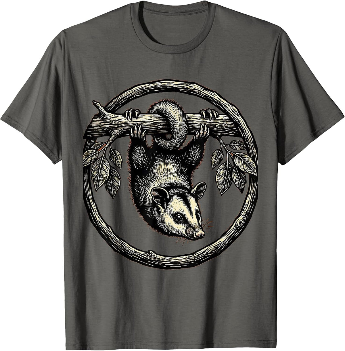 Opossum Hanging Upside Down From Branch T-Shirt - Asphalt Grey