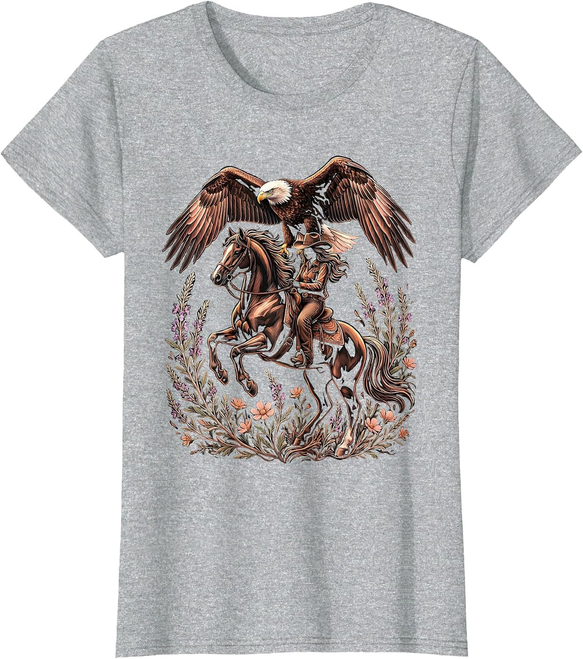 Eagle and Cowgirl on Horseback Western Graphic T-Shirt - Heather Grey