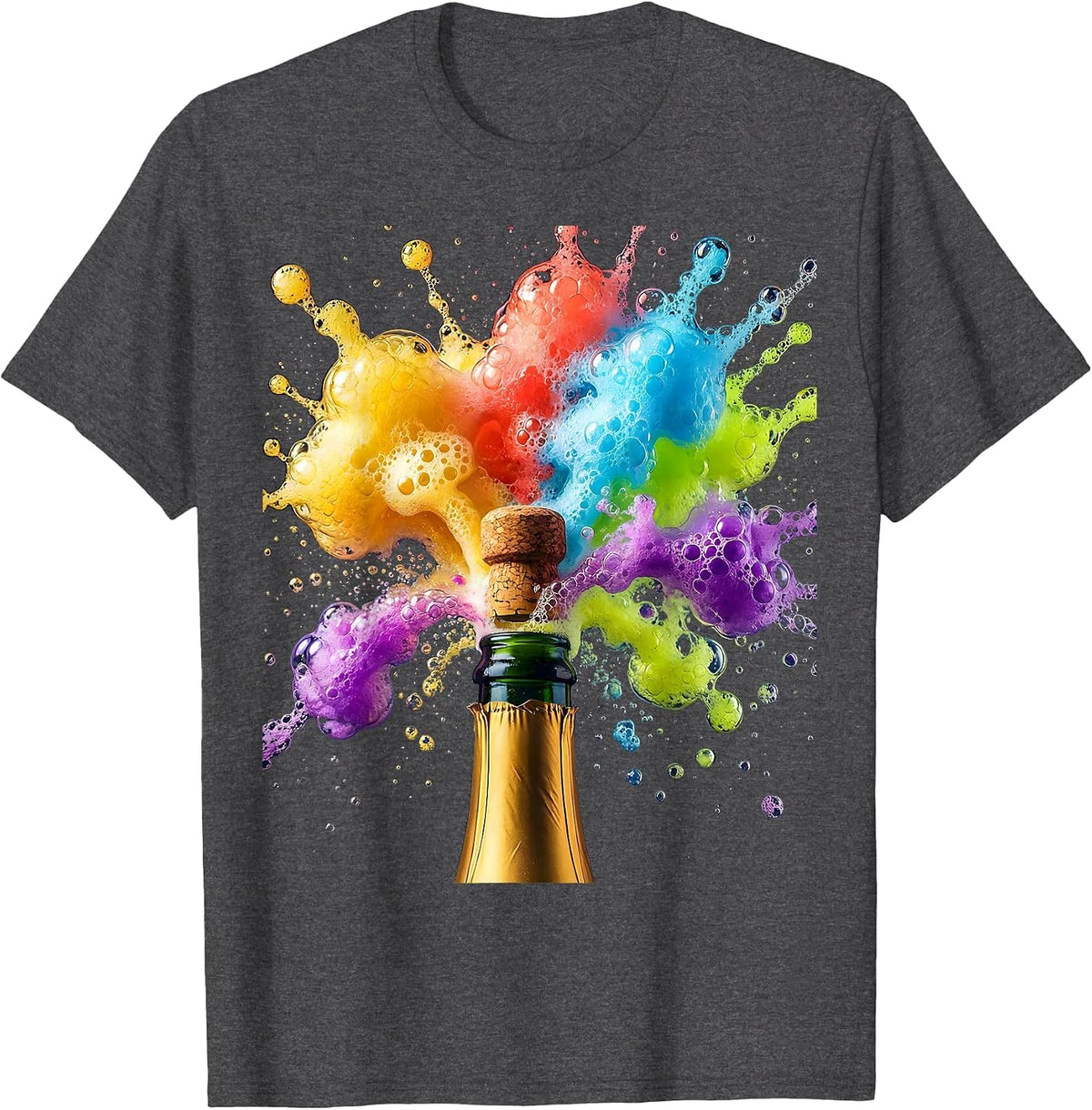 Exploding Champagne Bottle Celebration Graphic T-Shirt - Dark Heather Grey