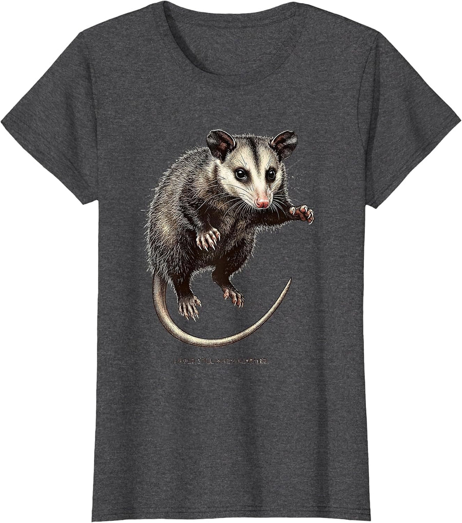 Women's I Hold Still When Alarmed Funny Opossum Deadpan Humor T-Shirt - Dark Heather Grey